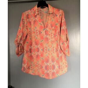 Millenium Women's Orange Multicolor Top Size Large 3/4 sleeves Boho Hippie